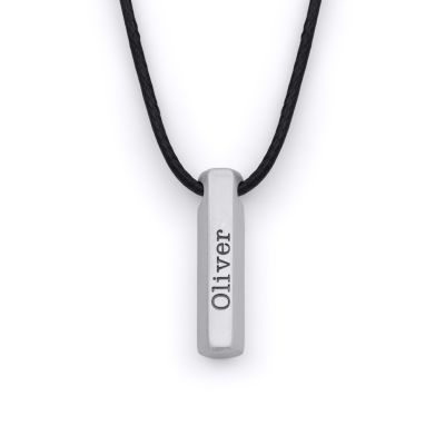 Collar Barra Hexagonal con Nombre para Hombre - Plata de Ley / Cordón Negro
