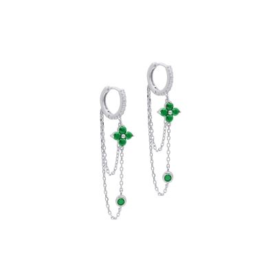 Double Chain Emerald Flower Hoop Earrings [Sterling Silver]
