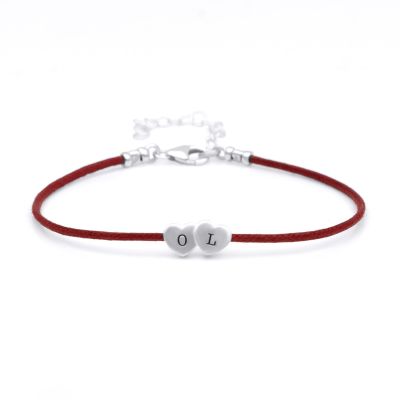 Intertwined Hearts Initials Bracelet - Red Cord [Sterling Silver]