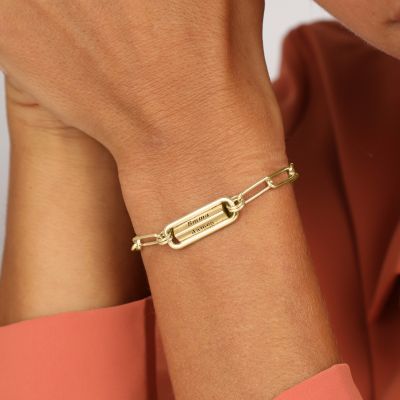 Bracelet Barre Gravée à Chaîne Trombone [Plaqué Or 18ct] 