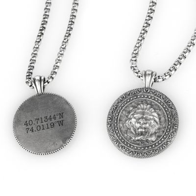 Lion Heart Necklace with Coordinates for Men - Sterling Silver