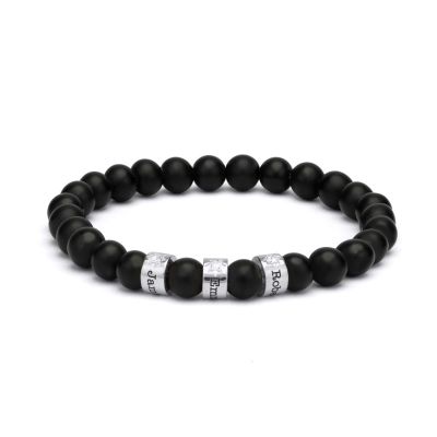 Black Onyx Engraved Bracelet with Diamonds for Women [Sterling Silver]