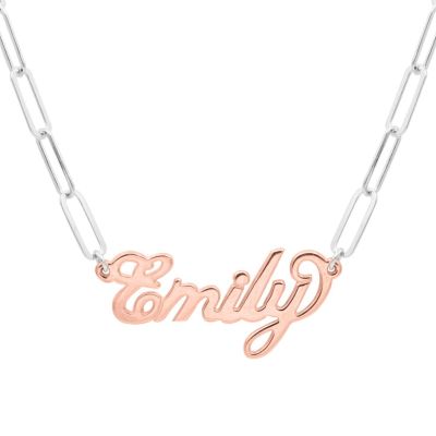 Paperclip Stijl Glam Naam Halsketting [Sterling Zilver / 18K Rosé Goud Vergulde Hanger]