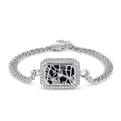 Signature Spot Diamond Map Men Bracelet with Cuban Chain [Silver]