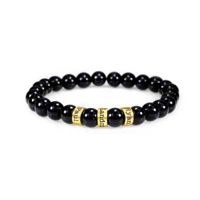 Bracelet Onyx Noir Éclatant avec Prénoms pour Femme [Plaqué Or 18ct]