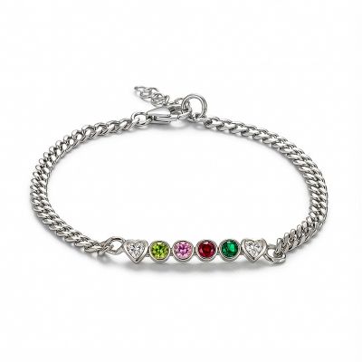 Talisa Stars Birthstone Cuban Chain Bracelet with 2 Diamond Hearts [Sterling Silver]