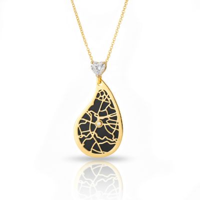 Collier Carte Fils de la Vie Silhouette avec Diamant Cœur - Plaqué Or 18ct