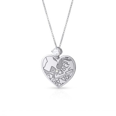 Ties of Heart Engraved Map Necklace With 1 Ct Diamond [Sterling Silver]