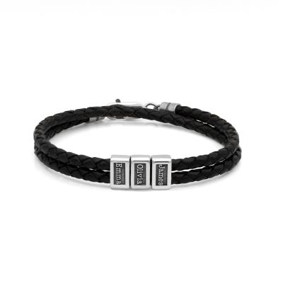 Leather Bracelet with Engraved Names for Men - Sterling Silver