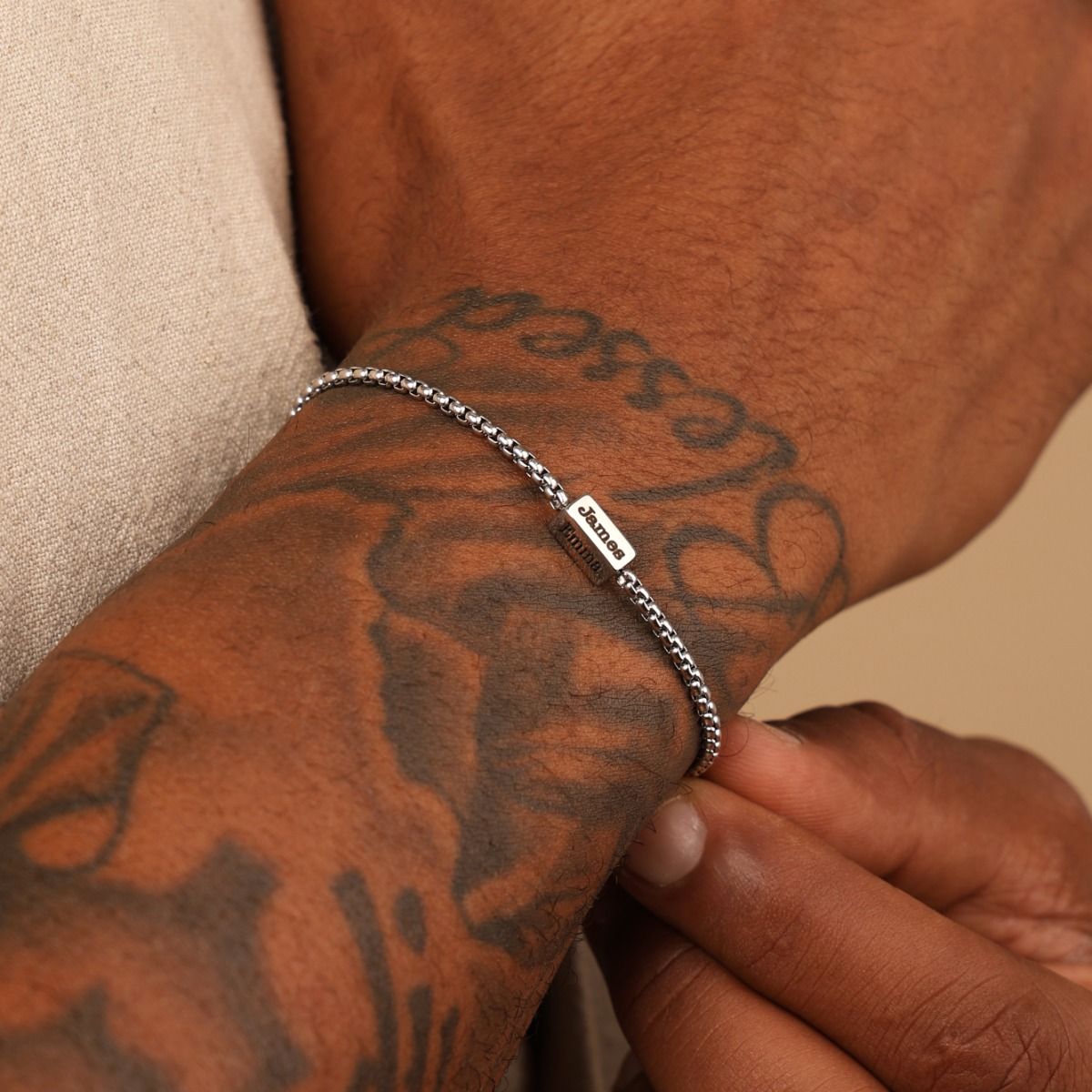 Engraved Bar Box Chain Bracelet for Men - Stainless Steel