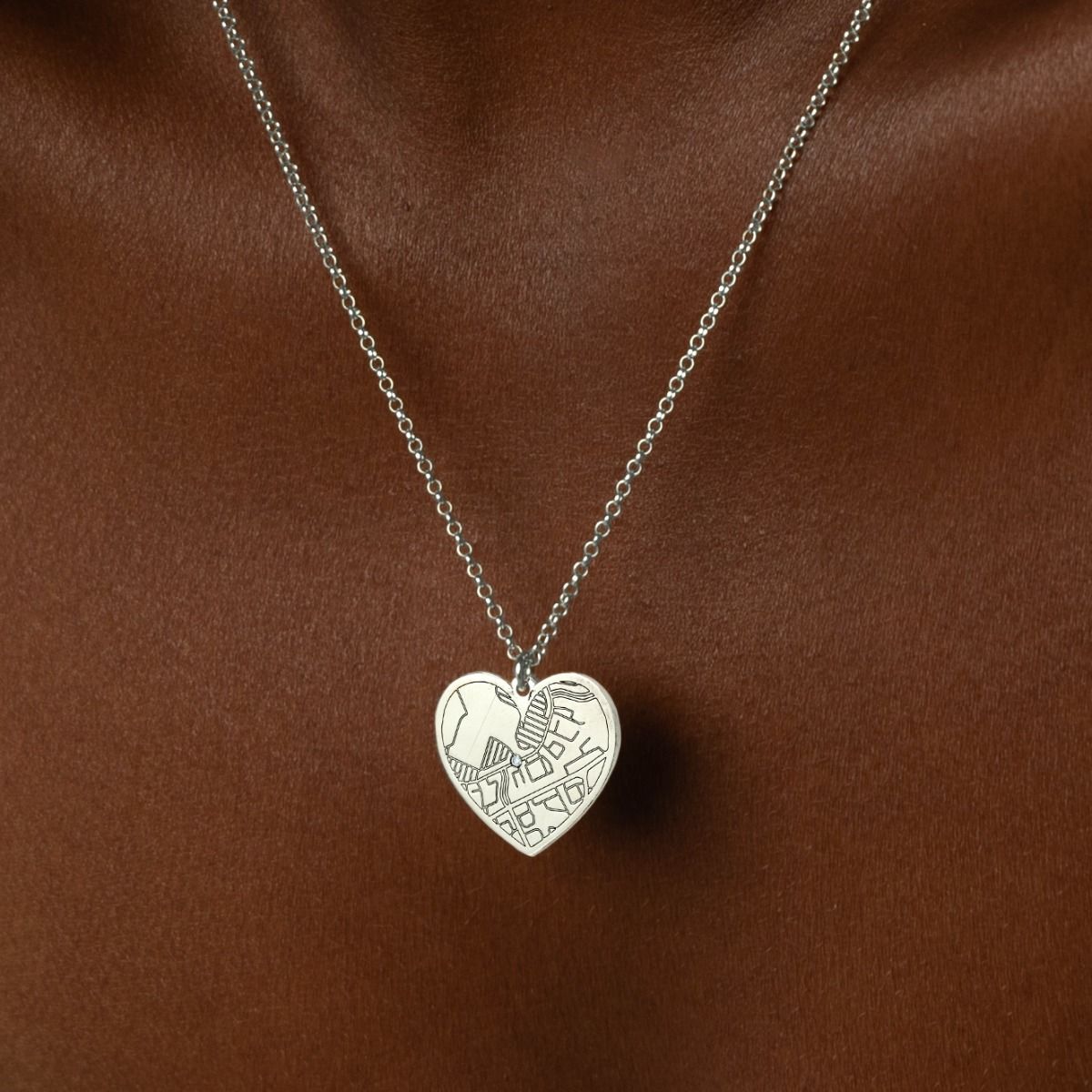 Ties of Heart Engraved Map Necklace [14 Karat White Gold]