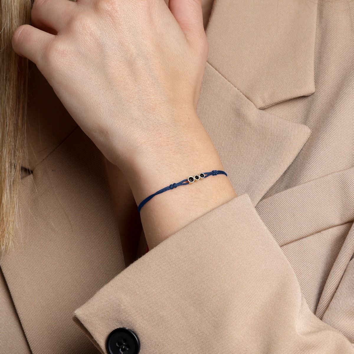A Mother's Love Diamond Bracelet - Blue String [Black Diamonds / 14 Karat Gold] - 1 Large Black Diamond + 1 Small Diamond