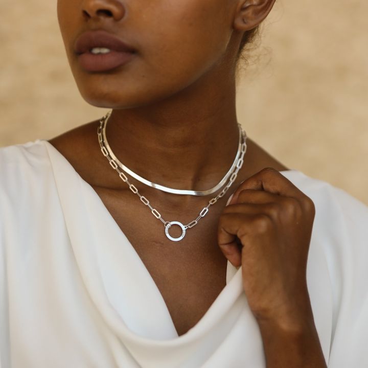 Family Anchor and Herringbone Name Necklace Set [Sterling Silver]