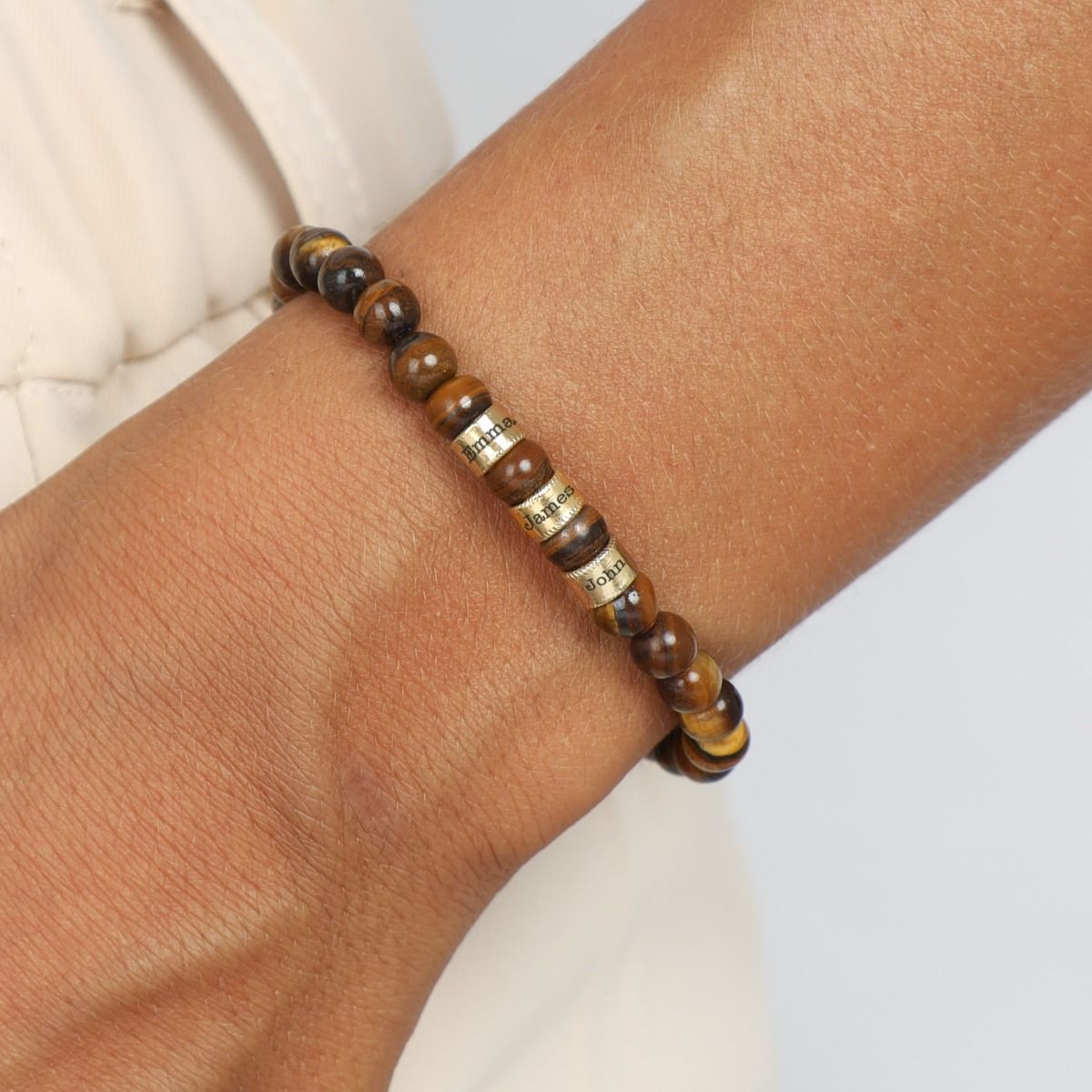 Brown Tiger Eye Women Name Bracelet - 6mm [10 Karat Gold]