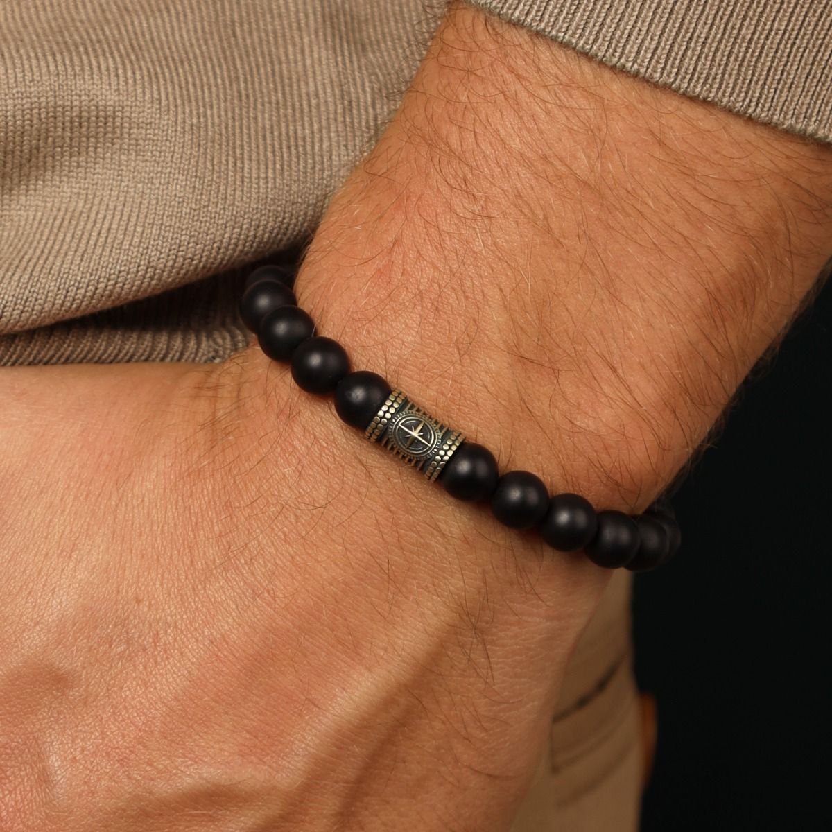 Black Onyx Compass Men Bracelet - Vintage Yellow