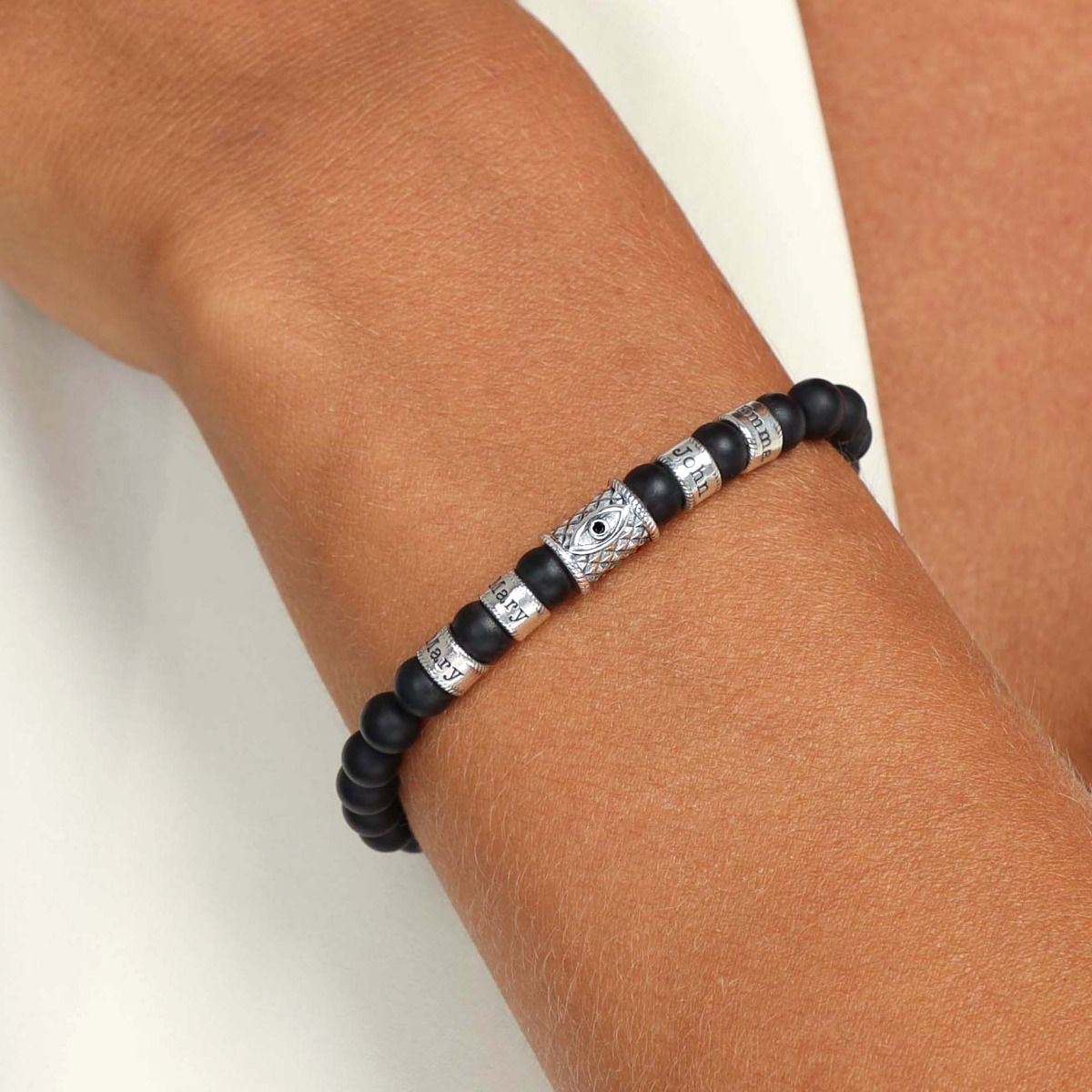 Black Onyx Evil Eye Women Name Bracelet with Black Crystal [Sterling Silver]
