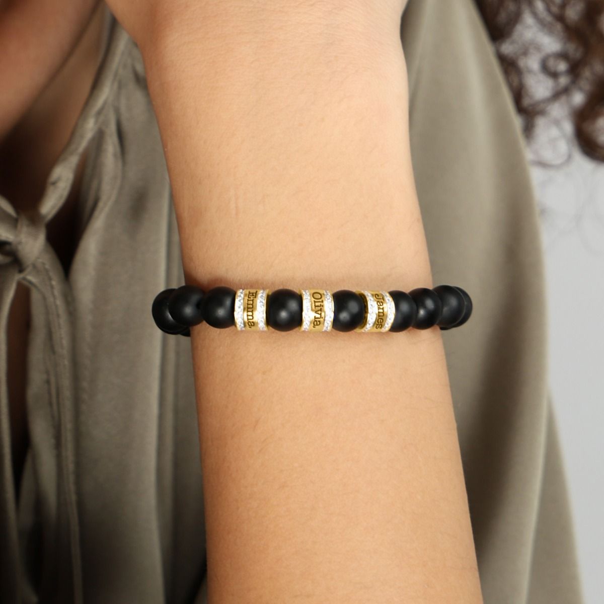 Namensarmband aus schwarzem Onyx mit Kristallen für Damen [750er Gold Vermeil]