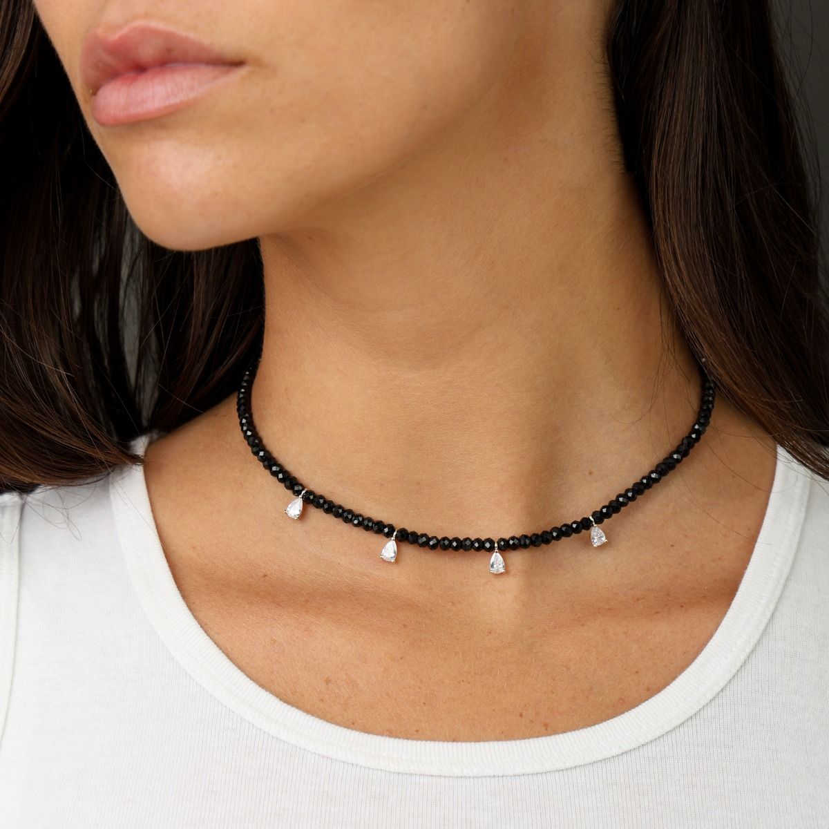 Black Spinel Necklace with Crystals