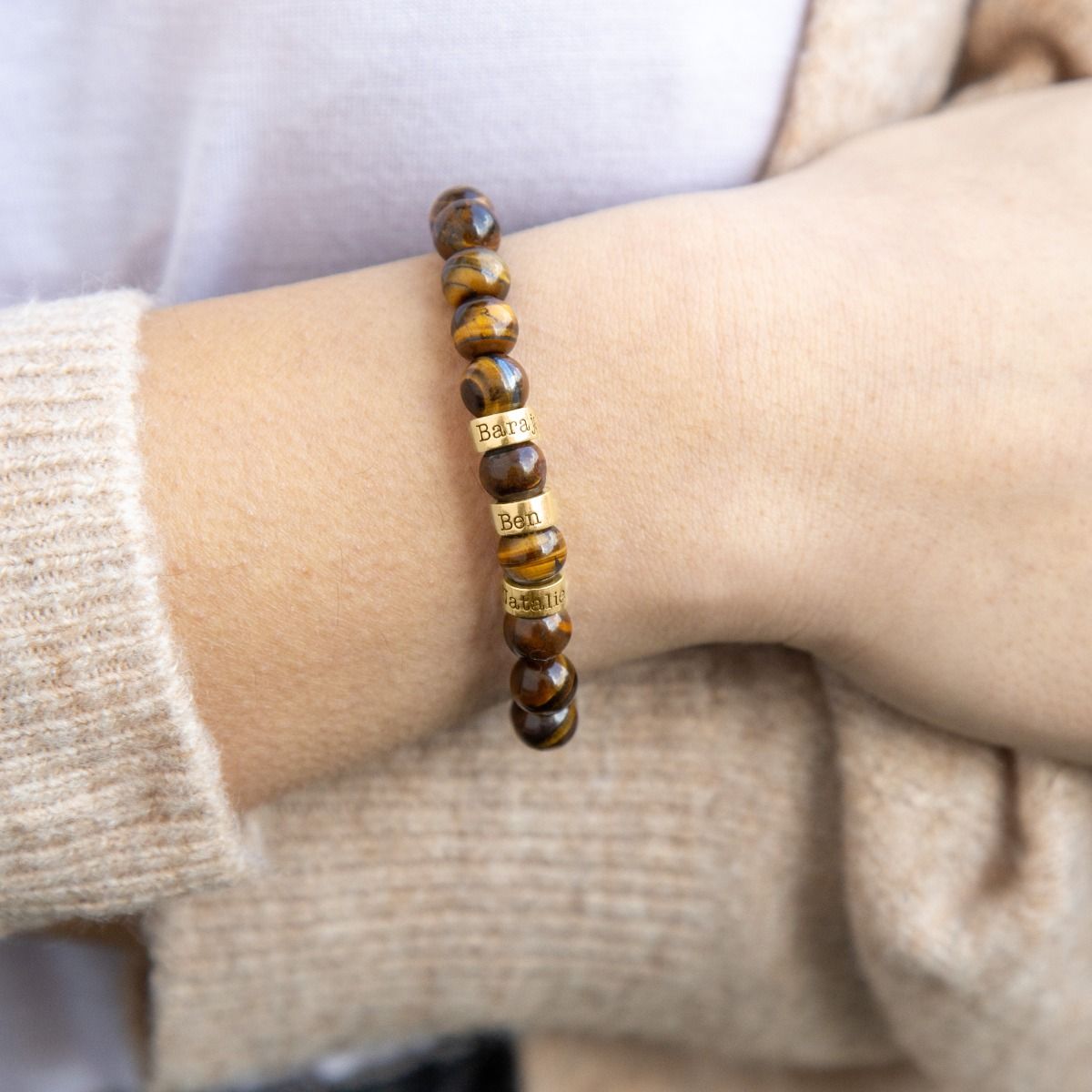 Brown Tiger Eye Women Name Bracelet with Plated in Gold engraved beads
