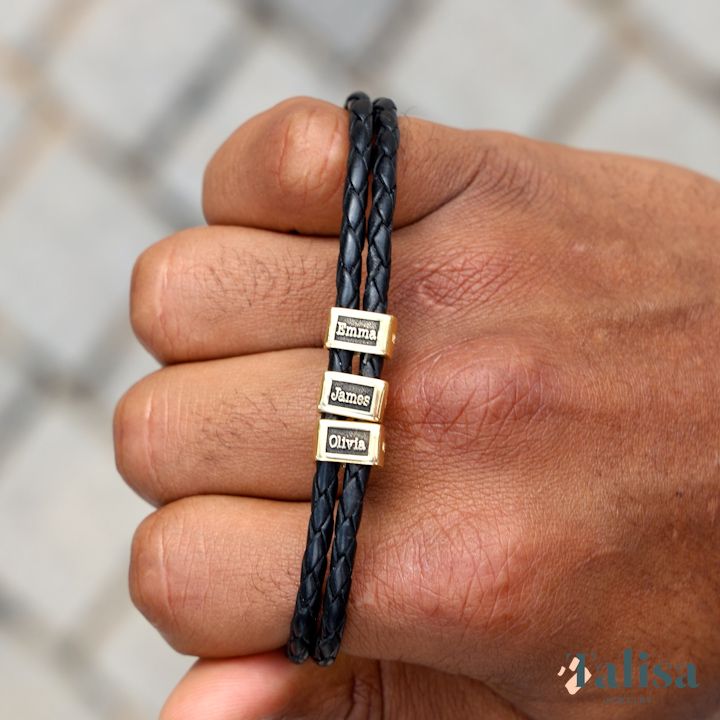 Engraved Bracelets - Back Leather Bracelet for Men by Talisa