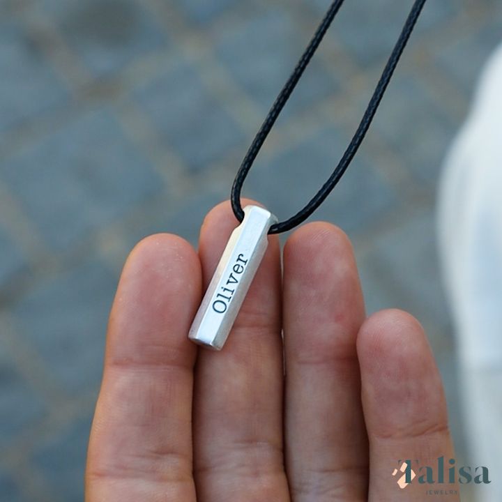Engraved Bar Name Necklace in Silver - Black Cord Necklace