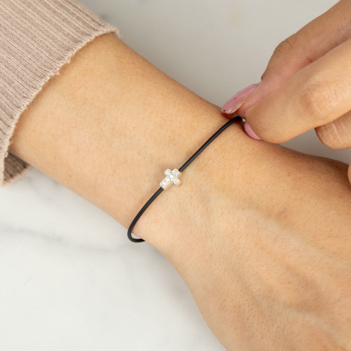 Crystal Cross Bracelet - Black Cord [Sterling Silver]