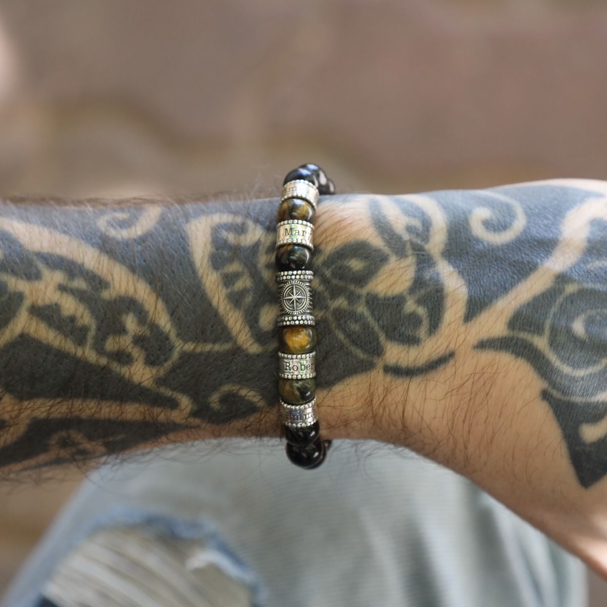 Compass Men Name Bracelet with Green Tiger Eye Stones
