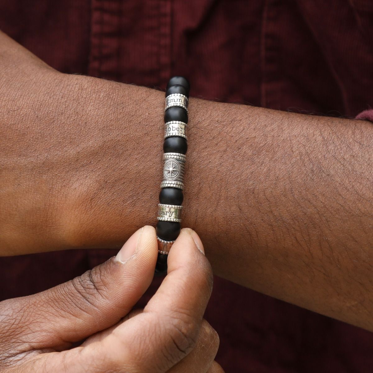 Bracelet Onyx Noir Prénom avec Boussole pour Homme
