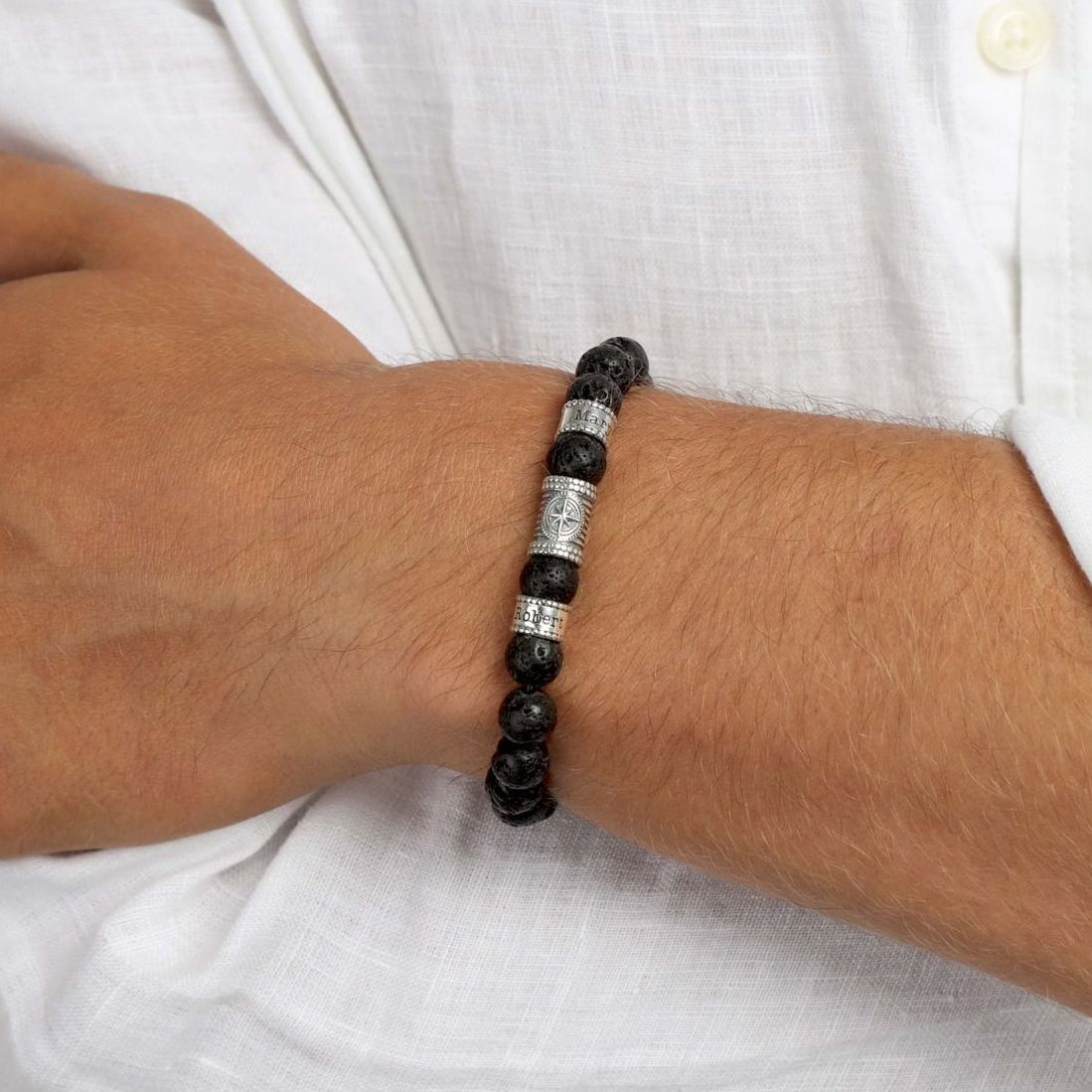 Custom Men Name Bracelet with Lava Stones and compass charm