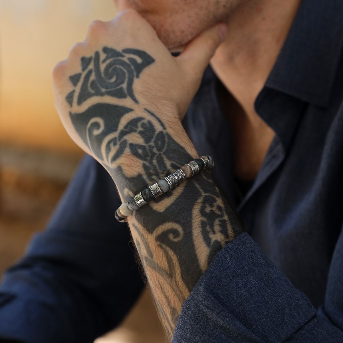 Bracelet Jaspe Picasso Prénom avec Boussole pour Homme 