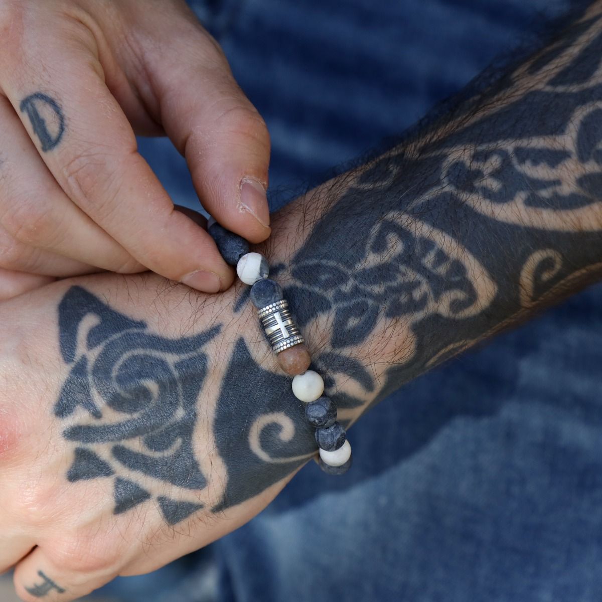 Bracelet Jaspe Picasso avec Croix pour Homme