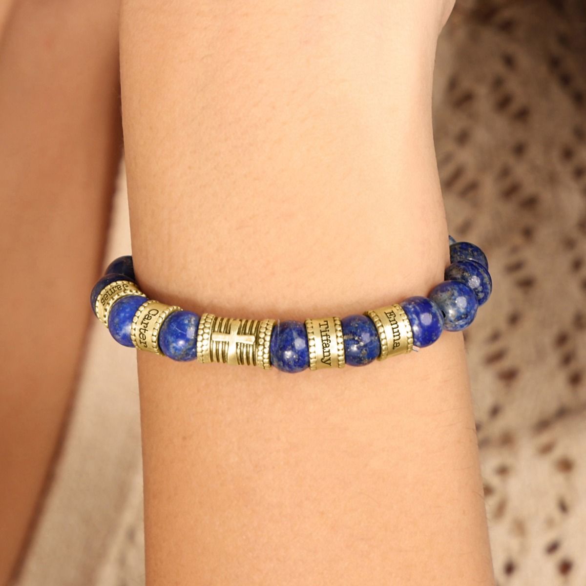 Cross Women Name Bracelet With Lapis Lazuli Stones [18K Gold Vermeil]