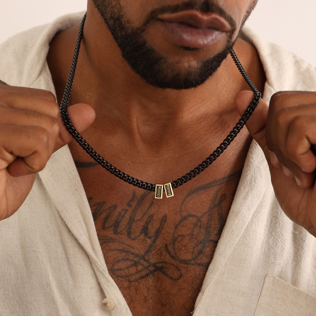 Collier à Chaîne Cubaine Noire avec Prénoms - 6mm [Vermeil 18ct]