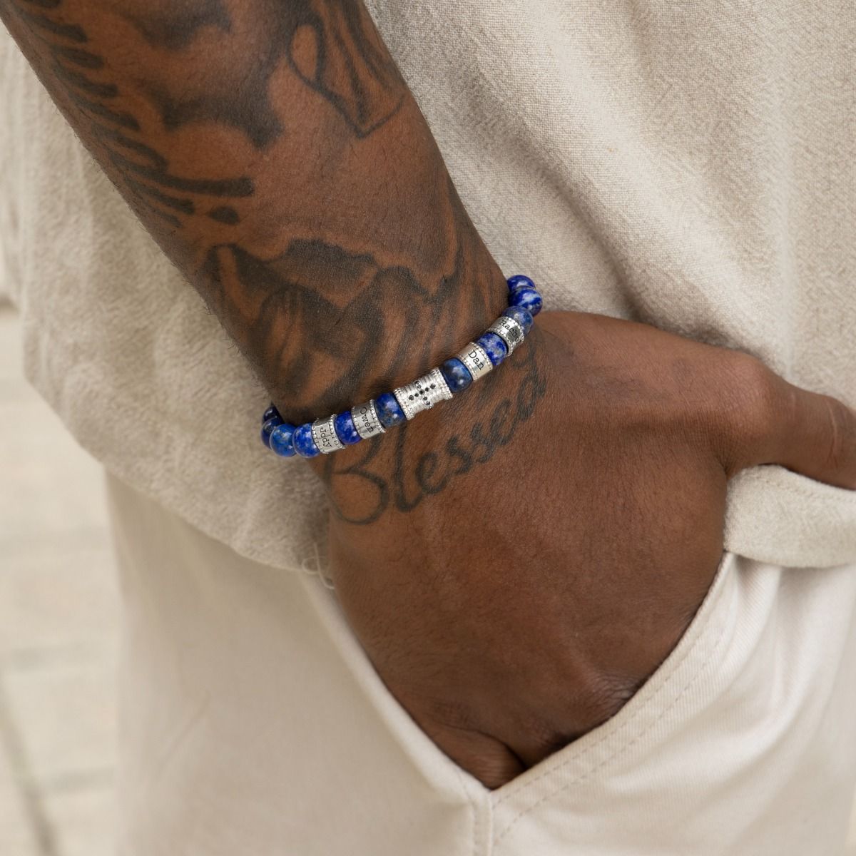 Diamond Cross Men Name Bracelet with Lapis Lazuli Stones
