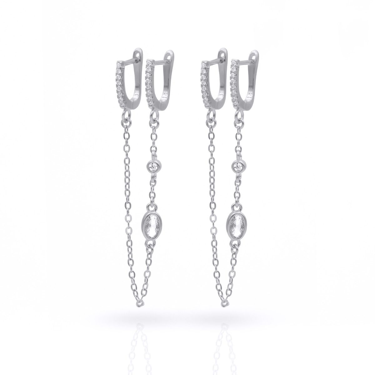 Double Hoop Sparkle Chain Earrings [Sterling Silver]