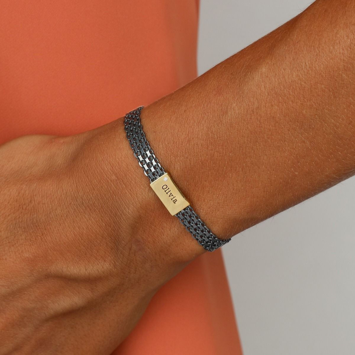 Emma Milanaise Armband mit Gravur und Diamanten [Geschwärztes Silber/ 750er vergoldet]