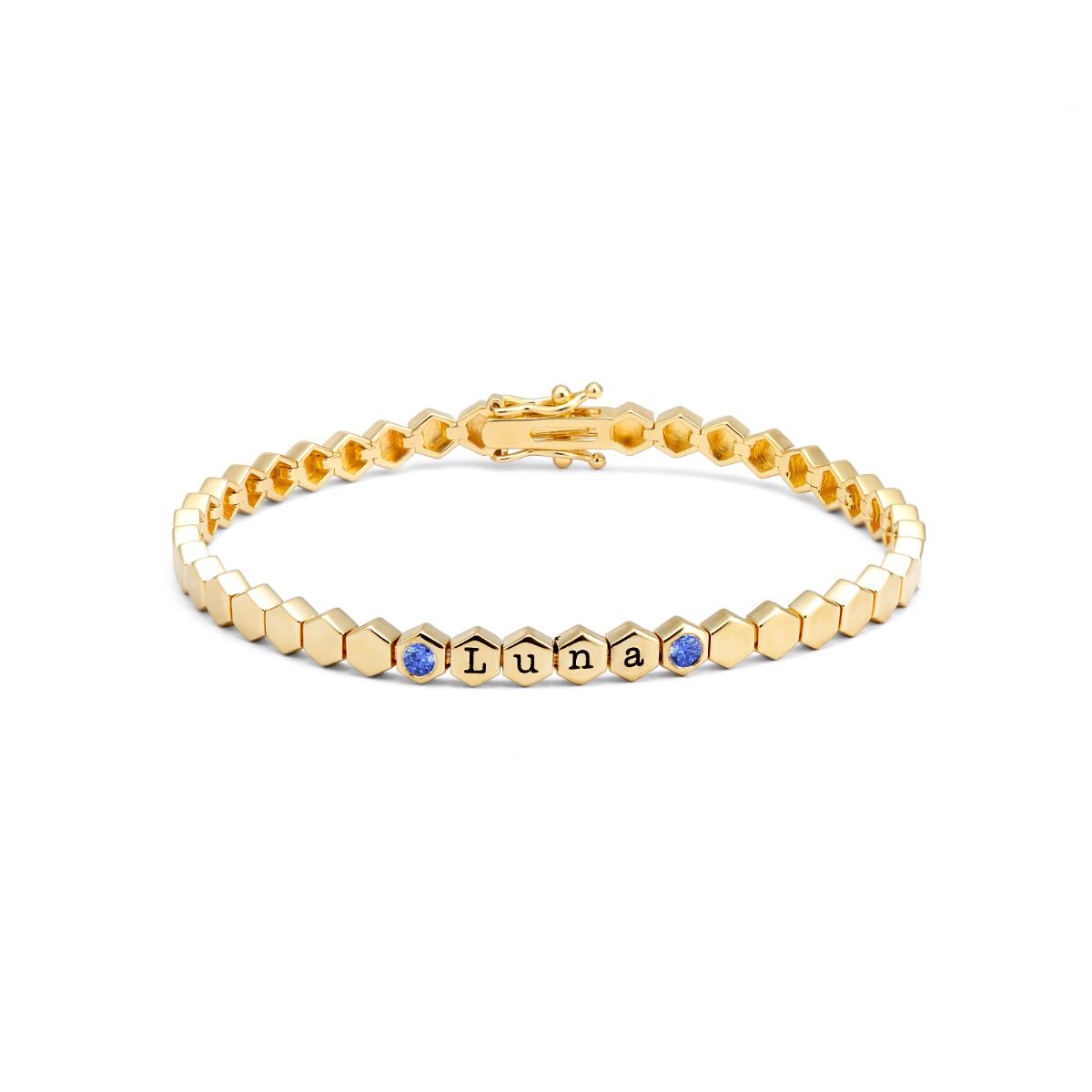 Bracelet à Initiales Mia Tennis Hexagone avec Pierres précieuses [Vermeil 18ct]