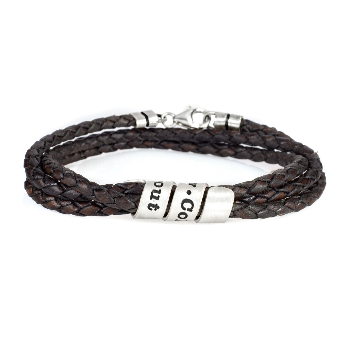 Men Dark Brown Bracelet with Engraved Wrap Sphere in Silver