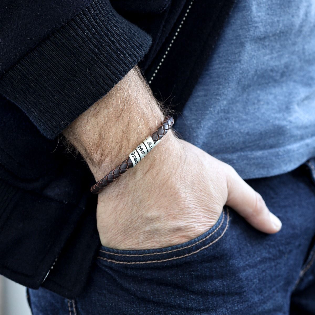 Men's Leather Bracelet with Engraved Silver Wrap - Talisa