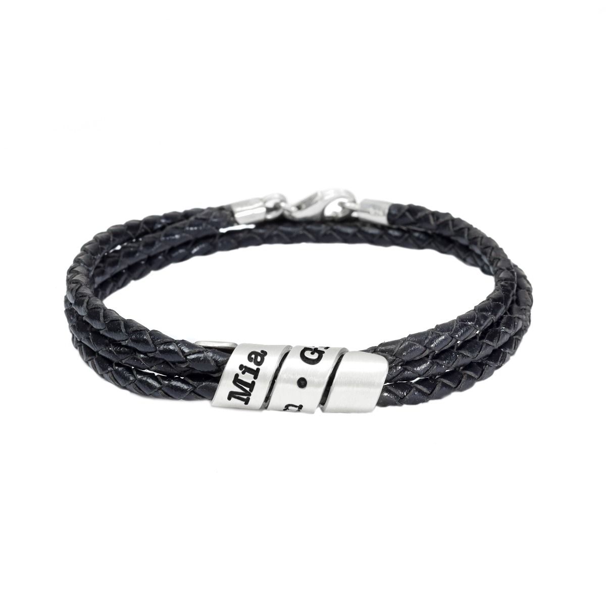 Schwarzes Herrenarmband mit graviertem Wickelring aus Silber