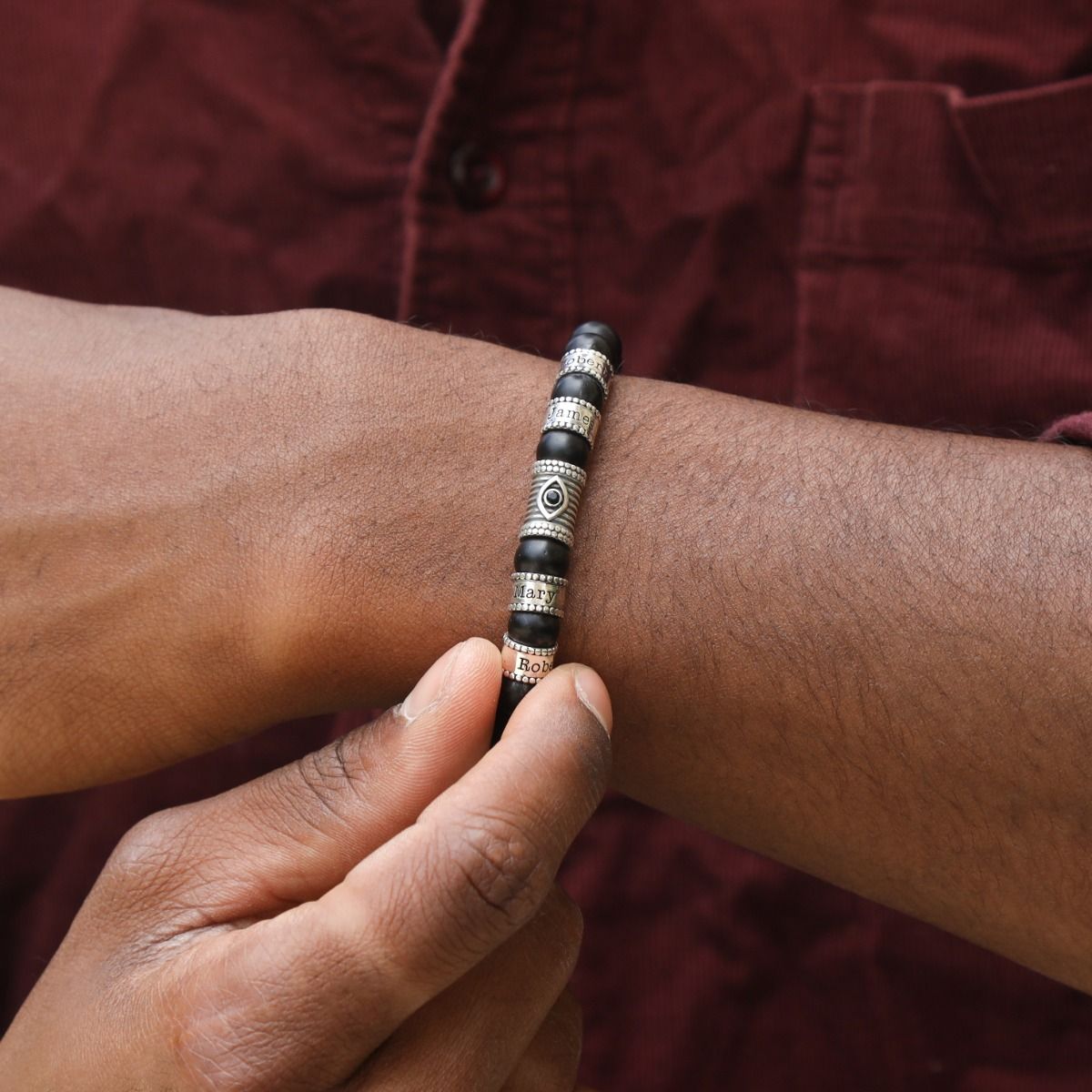 Evil Eye Men Name Bracelet with Black Onyx Stones