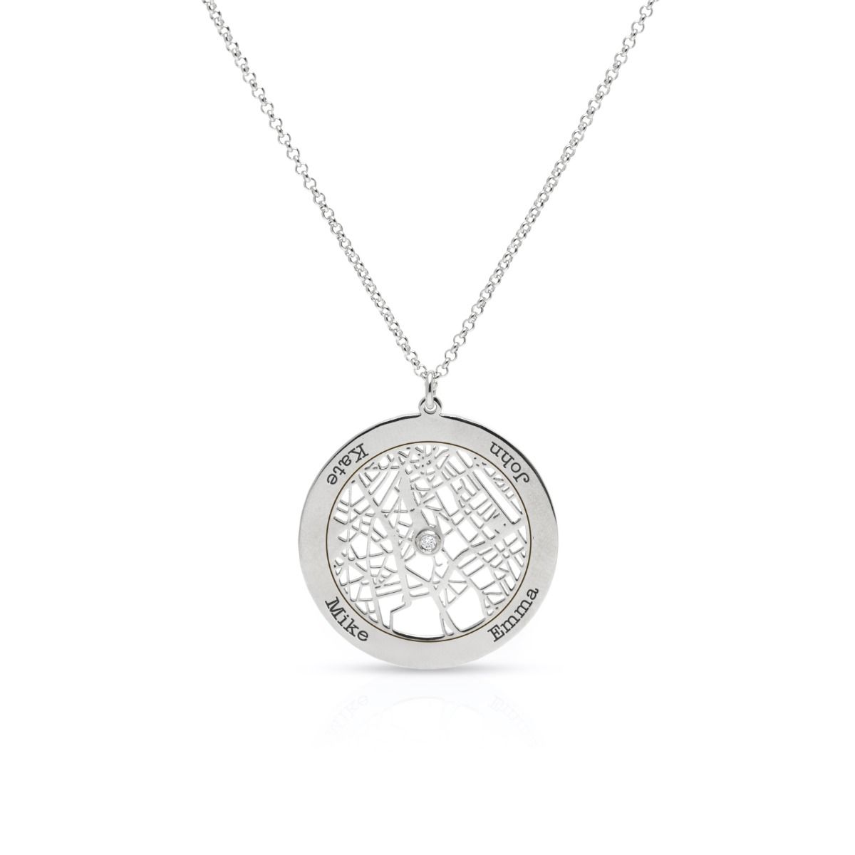 Personalized Map Necklace with Names 14K White Gold Perfect