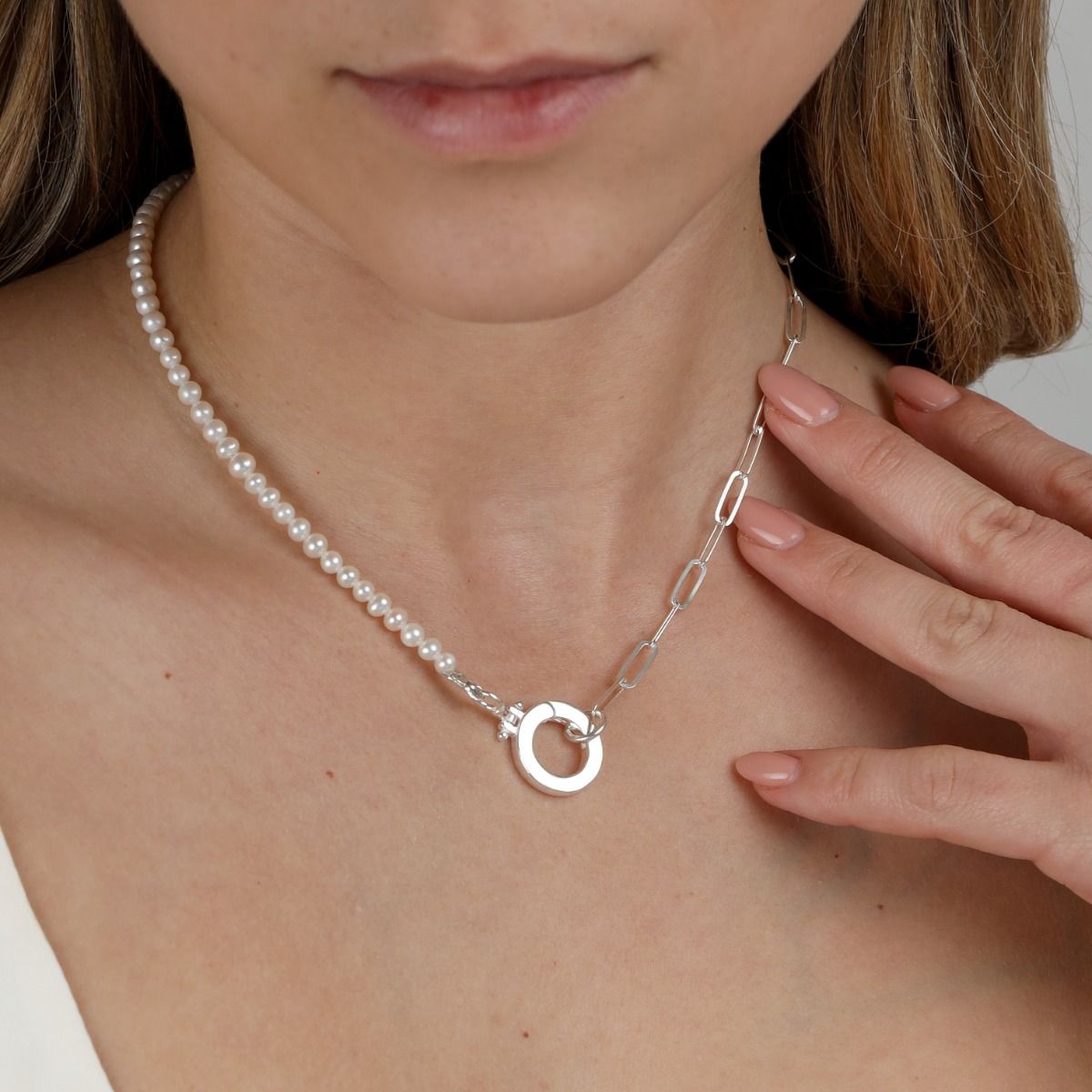 Emma Paperclip & Pearl Necklace [Sterling Silver]