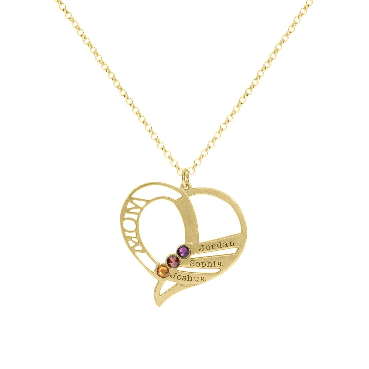 Collier Cœur de Famille avec Pierres de Naissance et Noms [Plaqué Or 18ct]