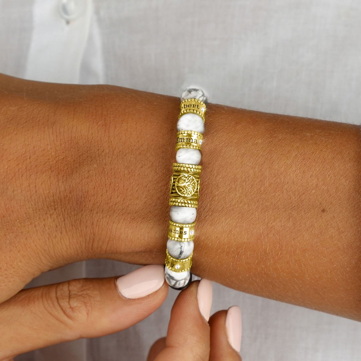 Family Tree Diamond Name Bracelet - Howlite [18K Gold Vermeil]