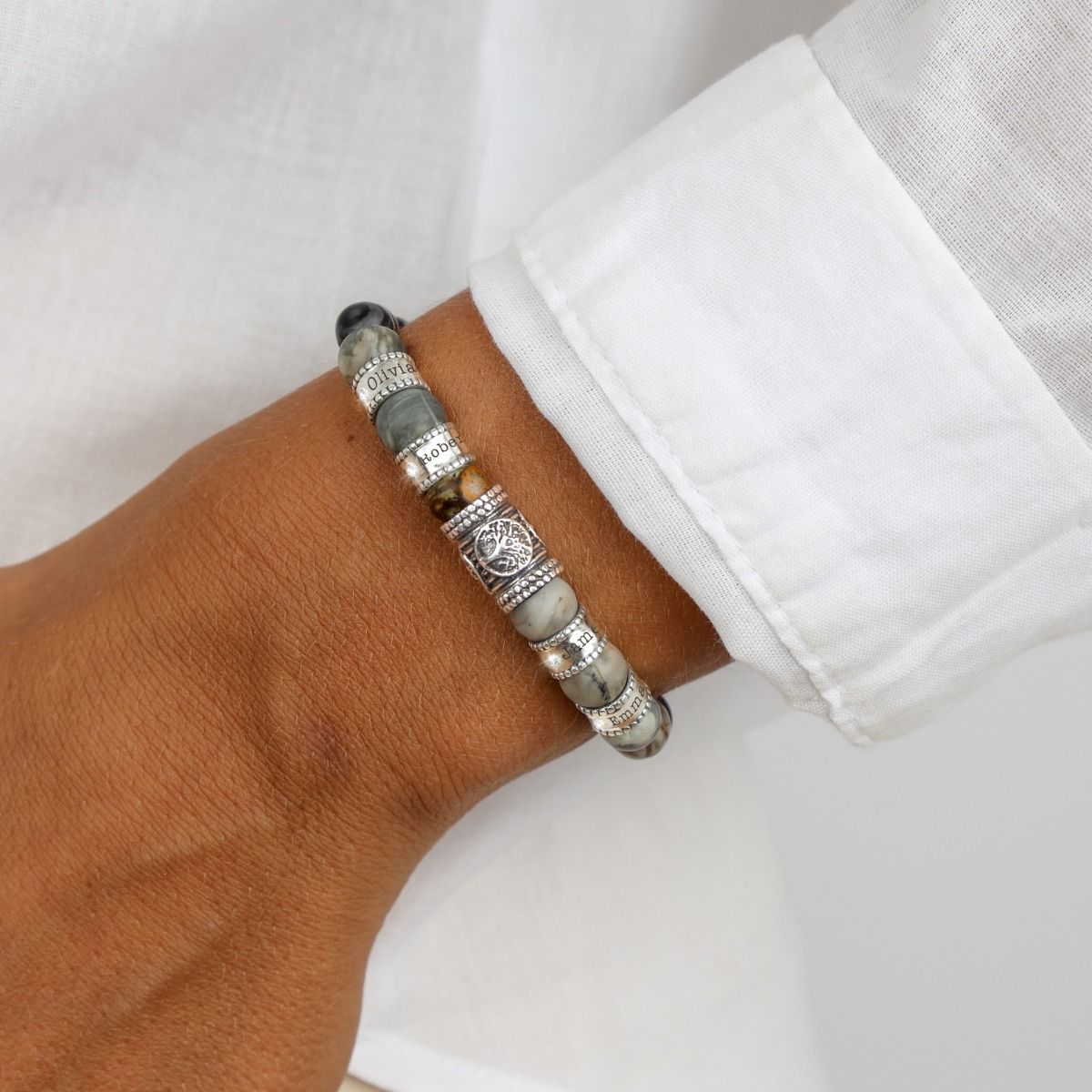 Bracelet Picasso Jaspe Arbre Familial Prénoms avec Diamants [Argent 925]
