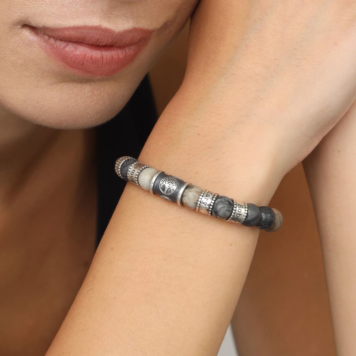 Family Tree Name Bracelet with Picasso Jasper Stones [Sterling Silver]