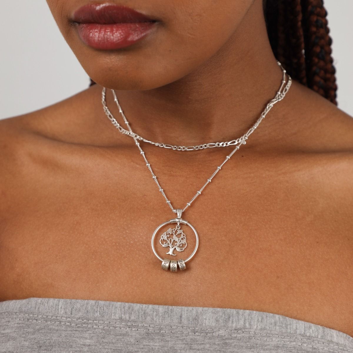 Family Tree and Figaro-Styled Chain Name Necklace Set [Sterling Silver]