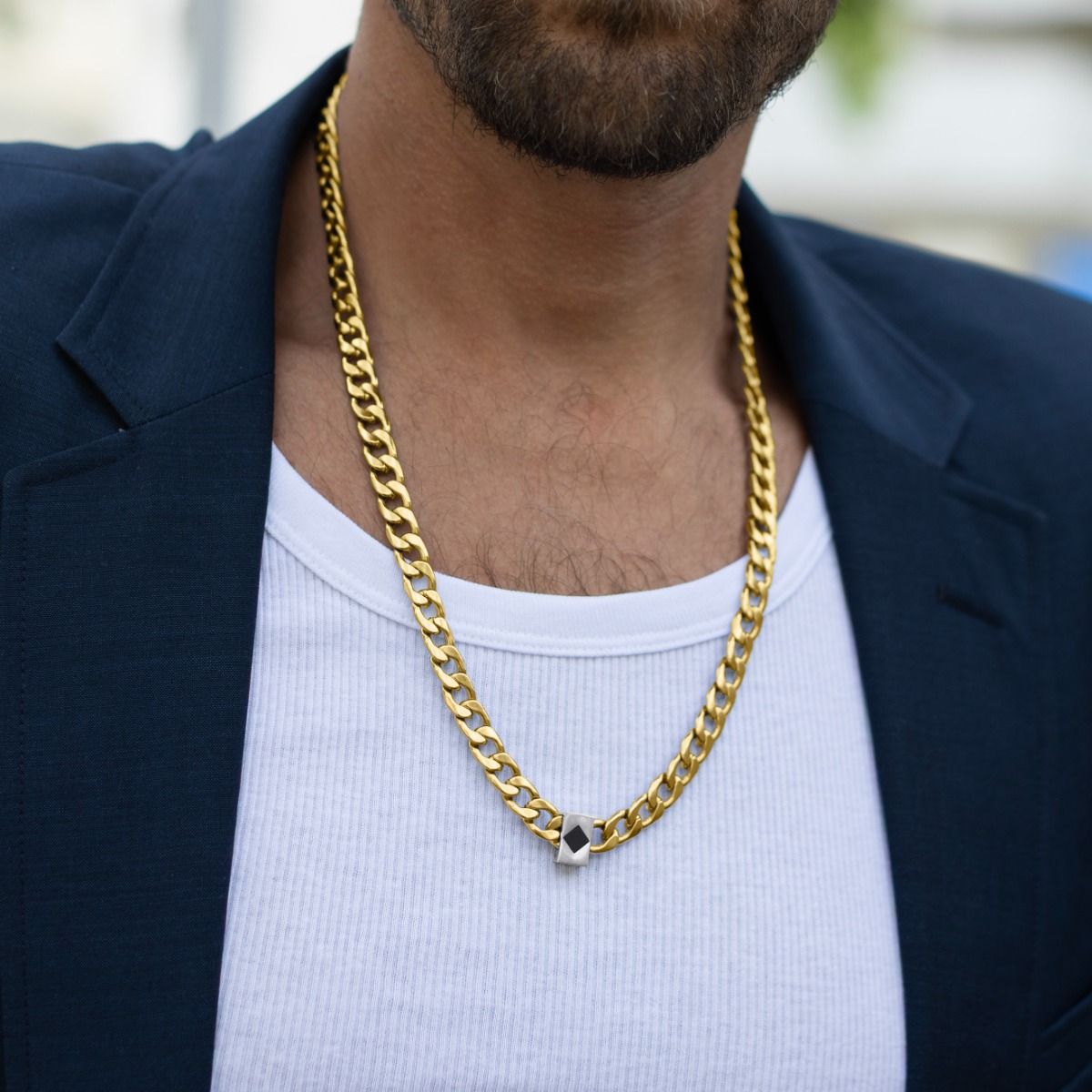 Collier Chaîne Cubaine Bicolore pour Homme avec Nano Bible en Argent