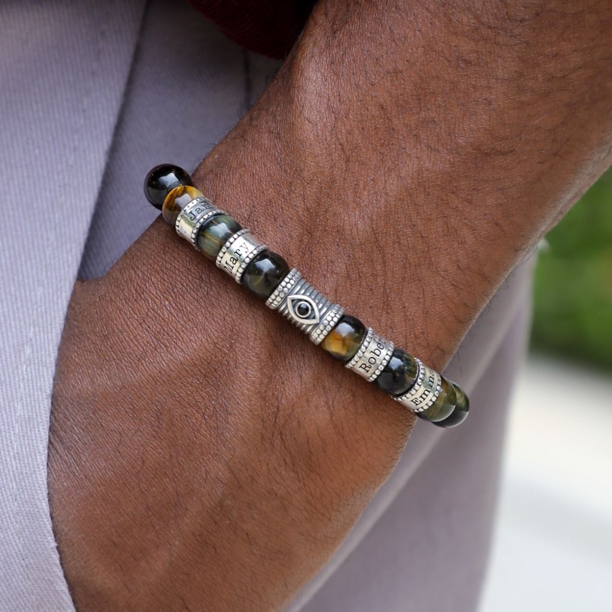 Green Tiger Evil Eye Men Name Bracelet
